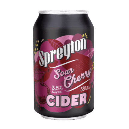 330ml can of Sour Cherry Cider, 3.5% ABV, with cherry graphics on a black background.