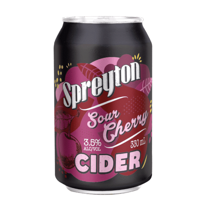 330ml can of Sour Cherry Cider, 3.5% ABV, with cherry graphics on a black background.