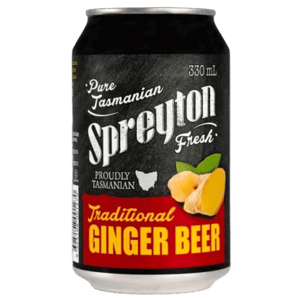 330 mL can with black label, illustration of ginger root, and text: "Traditional Ginger Beer. Tasmanian product.