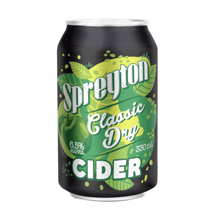 Spreyton Classic Dry Cider can, 330 mL, 6.5% alc/vol, with green leaves and apples on a black background.