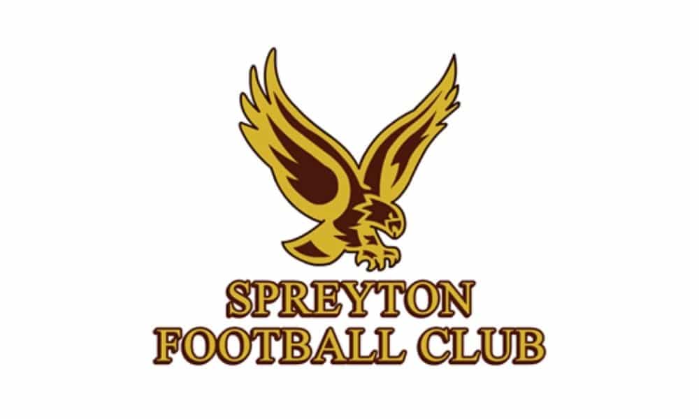 A golden eagle with outstretched wings above the text "SPREYTON FOOTBALL CLUB" in brown and gold capitals on white.