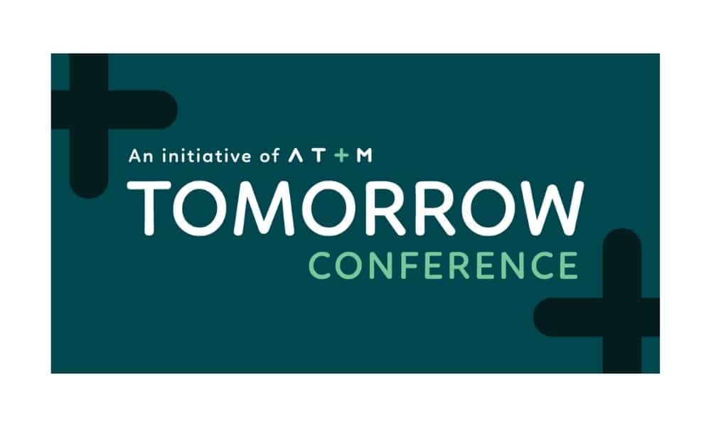 Text reads "An initiative of ATM TOMORROW CONFERENCE" on a teal background with two large plus signs in the corners.