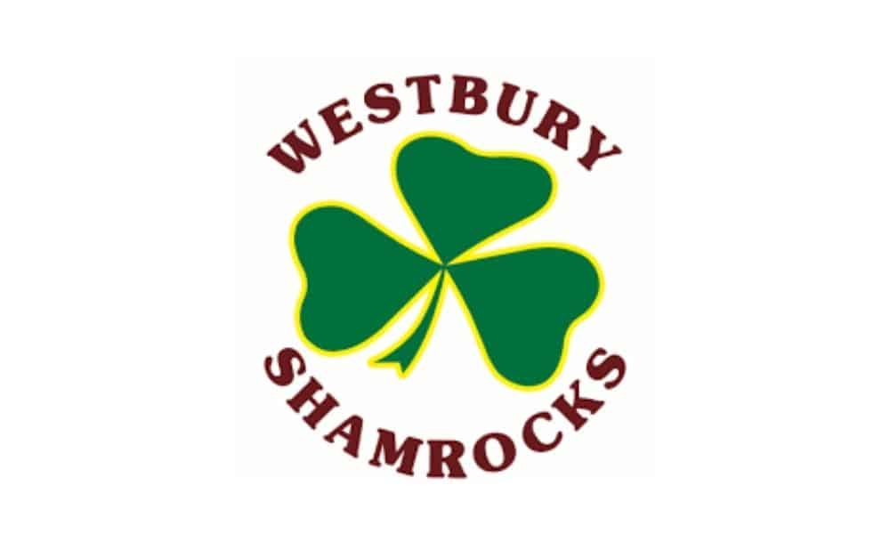 A green three-leaf shamrock outlined in yellow is centred, with "Westbury Shamrocks" in maroon letters around it.