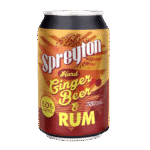 A 330 mL can labelled "Spreyton Hard Ginger Beer & Rum, 5.0% ALC/VOL" with a red and yellow design.