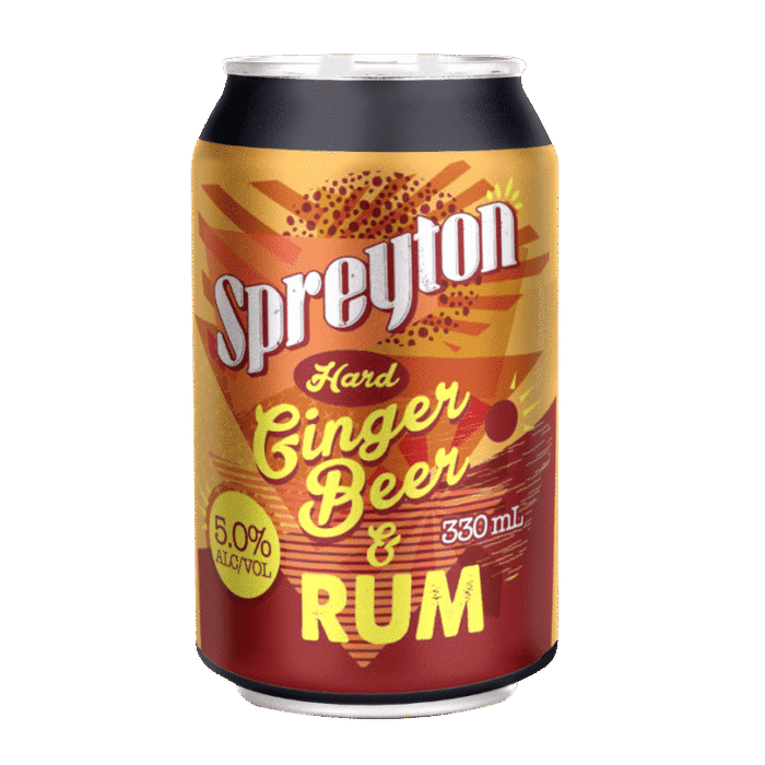 A 330 mL can labelled "Spreyton Hard Ginger Beer & Rum, 5.0% ALC/VOL" with a red and yellow design.