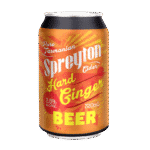 Orange can with visible text: "Spreyton Cider Hard Ginger Beer, 3.5% alcohol by volume, 330ml," yellow and red design elements.