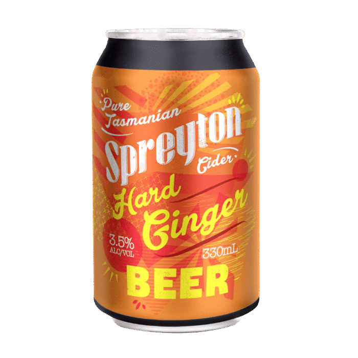Orange can with visible text: "Spreyton Cider Hard Ginger Beer, 3.5% alcohol by volume, 330ml," yellow and red design elements.