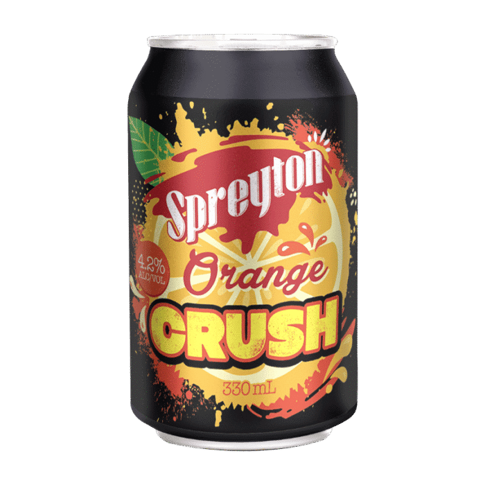 A 330ml can labelled "Spreyton Orange Crush 4.2%," with a bold, colourful design and orange splash graphics.