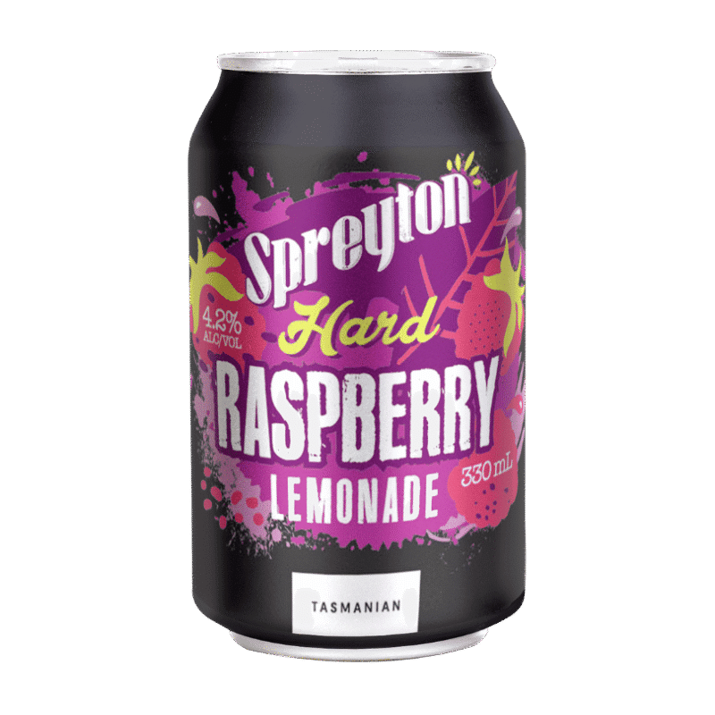 330 mL can labelled "Spreyton Hard Raspberry Lemonade," purple and black design, "4.2% alcohol," "Tasmanian.