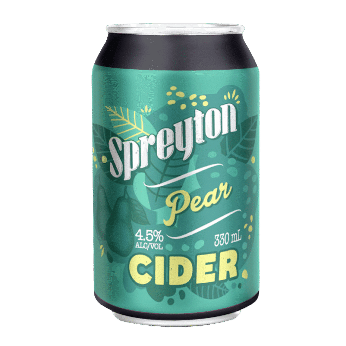A 330ml can labelled "Spreyton Pear Cider," 4.5% alcohol, green label with pears and leaves.