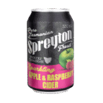 330ml can labelled "Spreyton Fresh Sparkling Apple & Raspberry Cider," with green apple and raspberry images on black and pink.