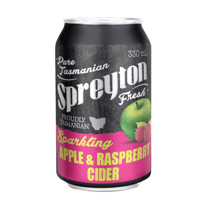 330ml can labelled "Spreyton Fresh Sparkling Apple & Raspberry Cider," with green apple and raspberry images on black and pink.