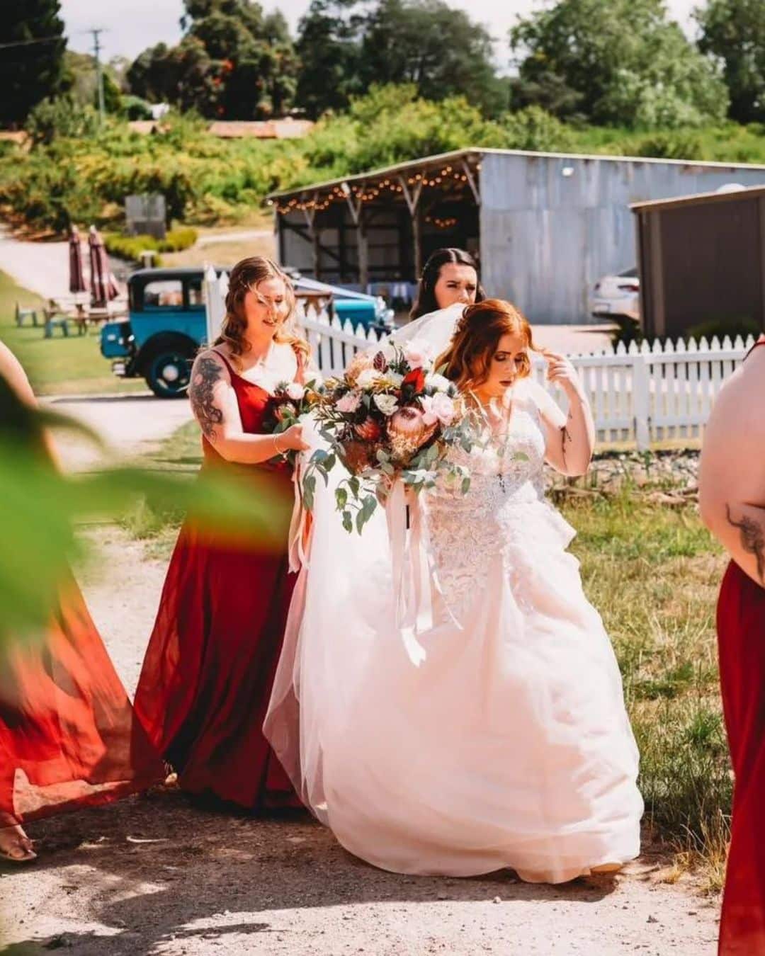 Bride in white dress with bridesmaids in red dresses walking outside near greenery and a vintage blue car.