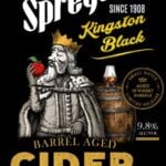 Black label shows a king holding a red apple, cider glass, barrel. Text: Kingston Black Barrel Aged Cider, 9.8% ABV, small batch, aged in whisky barrels.