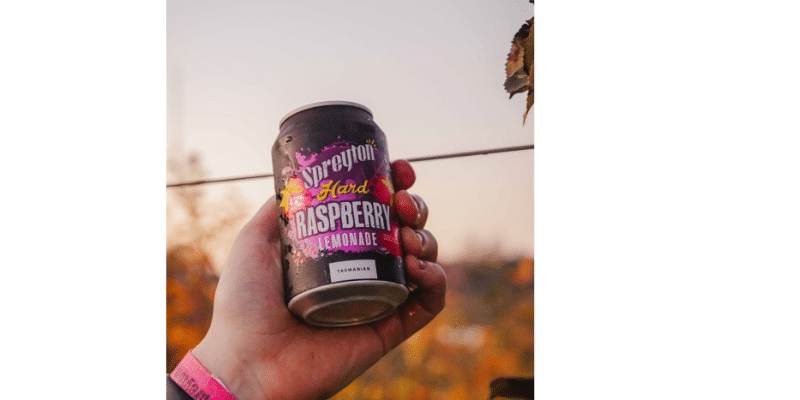 A hand holds a can labelled “Foreton Hard Raspberry Lemonade” outdoors with blurred foliage and a sunset sky in the background.