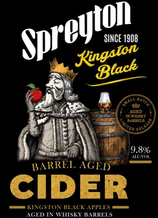 A crowned king holds an apple beside a whisky barrel and glass. Visible text: “Spreyton Kingston Black barrel aged cider 9.8% alcohol.”.
