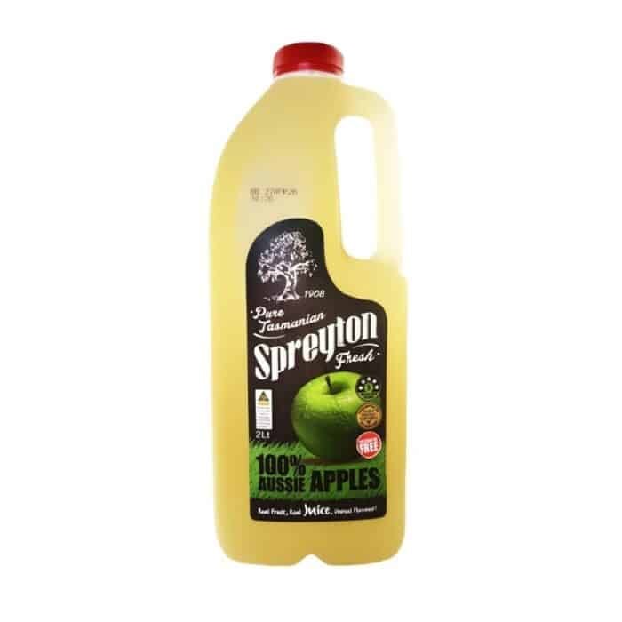 2-litre plastic bottle of apple juice with a green apple on the label and text reading “100% Aussie Apples.”.