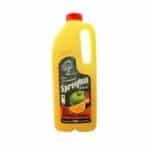 A yellow 2L bottle with a handle, labelled “Spreyton Fresh Apple Juice,” displaying images of an apple and an orange, and the text “100% Australian apples and oranges.”.