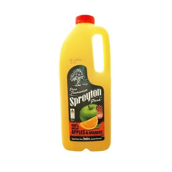 A yellow 2L bottle with a handle, labelled “Spreyton Fresh Apple Juice,” displaying images of an apple and an orange, and the text “100% Australian apples and oranges.”.