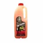 A 2-litre bottle labelled “Spreyton Apple Juice 100% Aussie apples and raspberries,” with a handle and a black label showing apple and raspberry images.