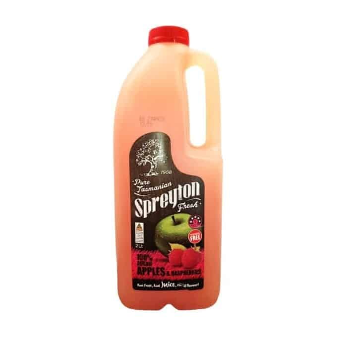 A 2-litre bottle labelled “Spreyton Apple Juice 100% Aussie apples and raspberries,” with a handle and a black label showing apple and raspberry images.