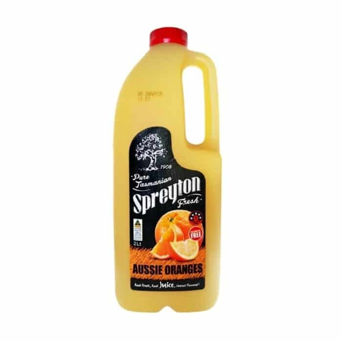 A 2-litre bottle labelled “Spreyton Fresh Apple Juice,” featuring a black label with images of apples and the text “100% juice, no added flavours.”.